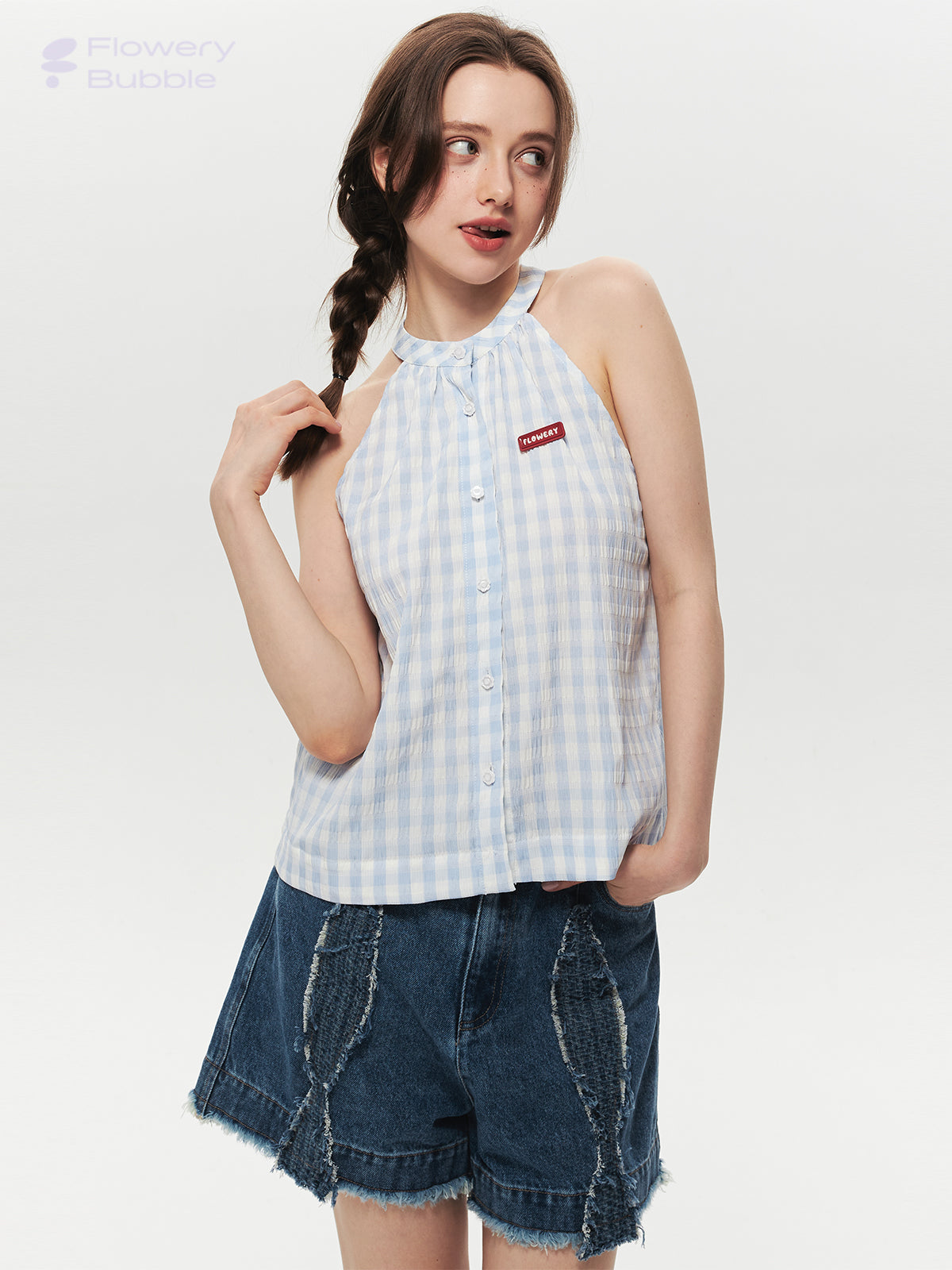 Sleeveless Gingham Seersucker Button-Up Top