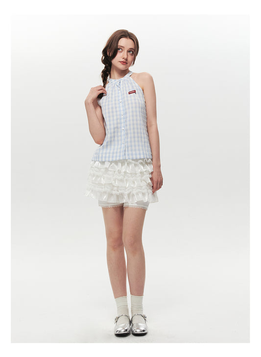 Sleeveless Gingham Seersucker Button-Up Top