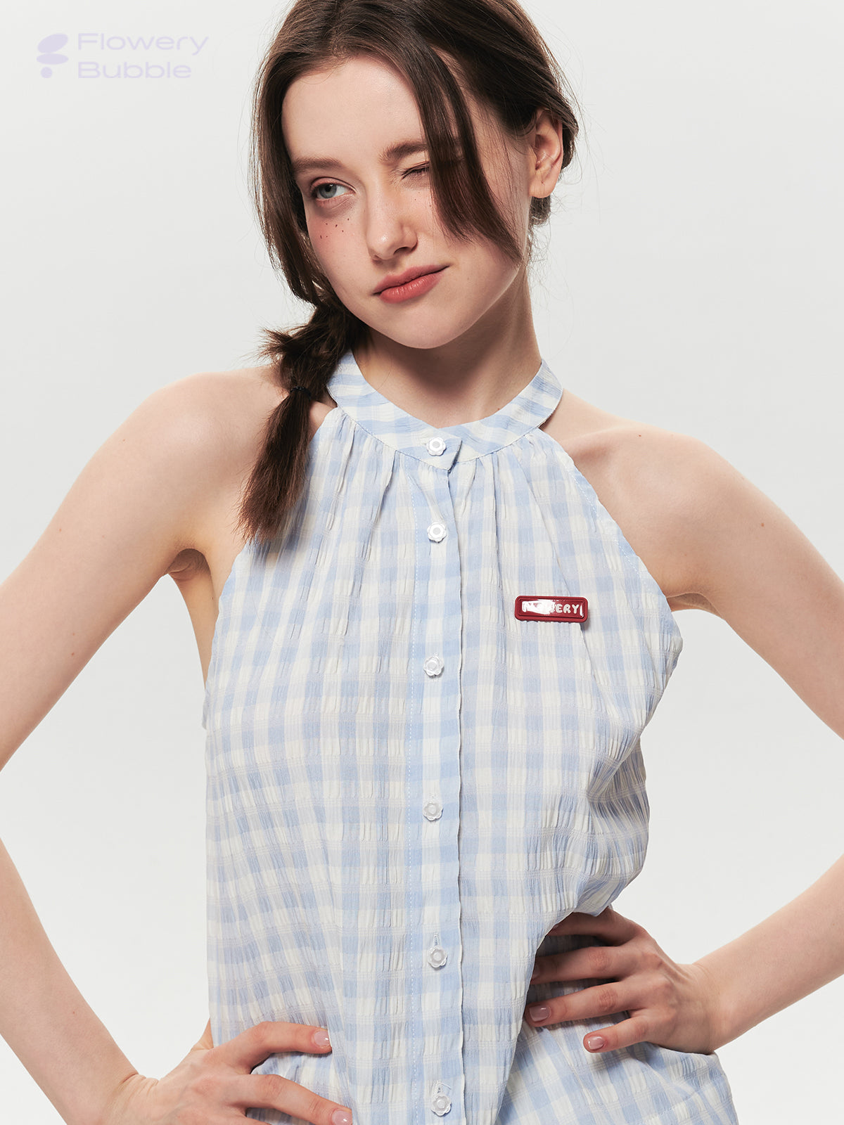Sleeveless Gingham Seersucker Button-Up Top