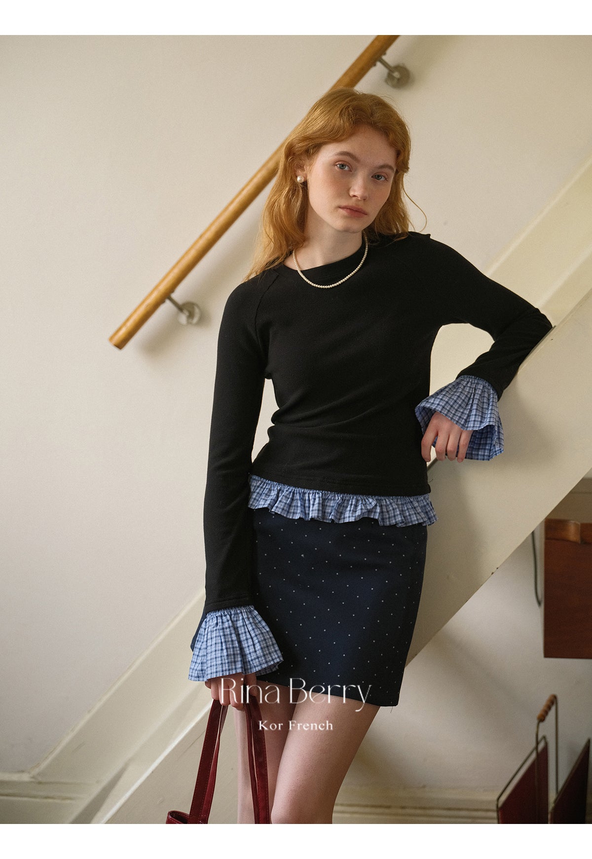 Slim Fit Raglan Top With Plaid Flared Cuffs