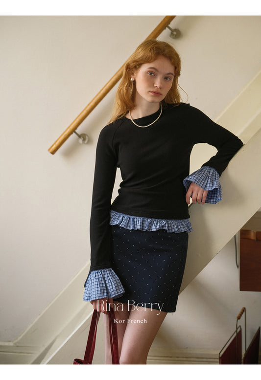 Slim Fit Raglan Top With Plaid Flared Cuffs