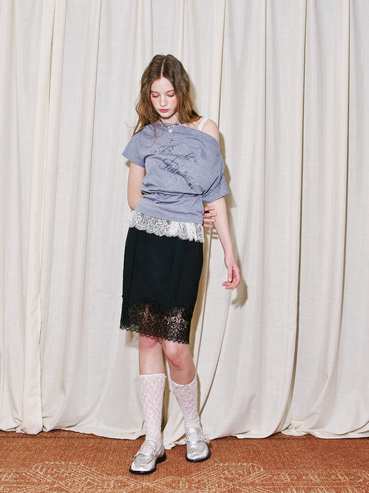 Delicate Pintuck Lace Midi Skirt