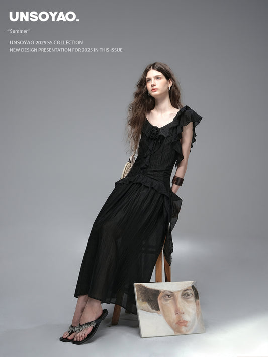 Textured Ruffled Dress With Flower Accent