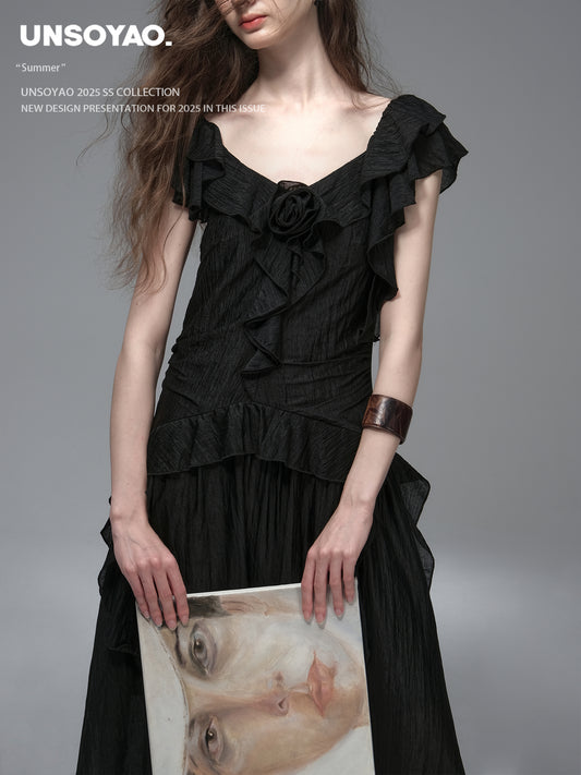 Textured Ruffled Dress With Flower Accent