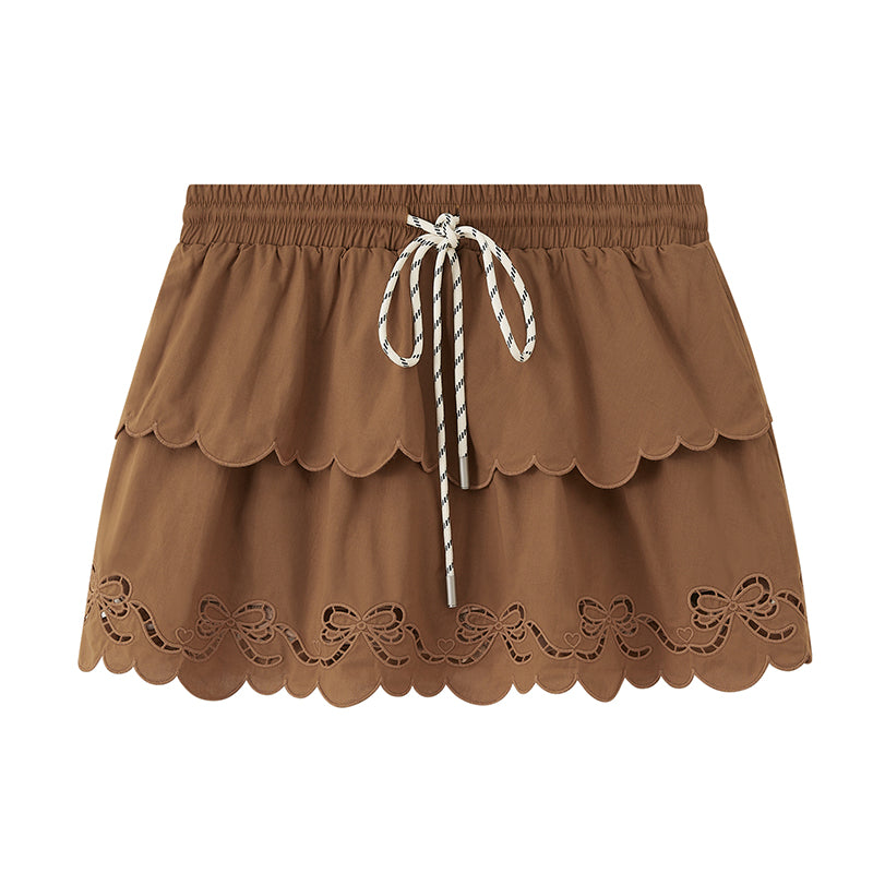 Layered Scallop-Hem Skirt With Bow Embroidery