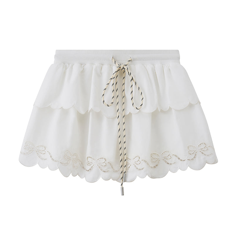 Layered Scallop-Hem Skirt With Bow Embroidery