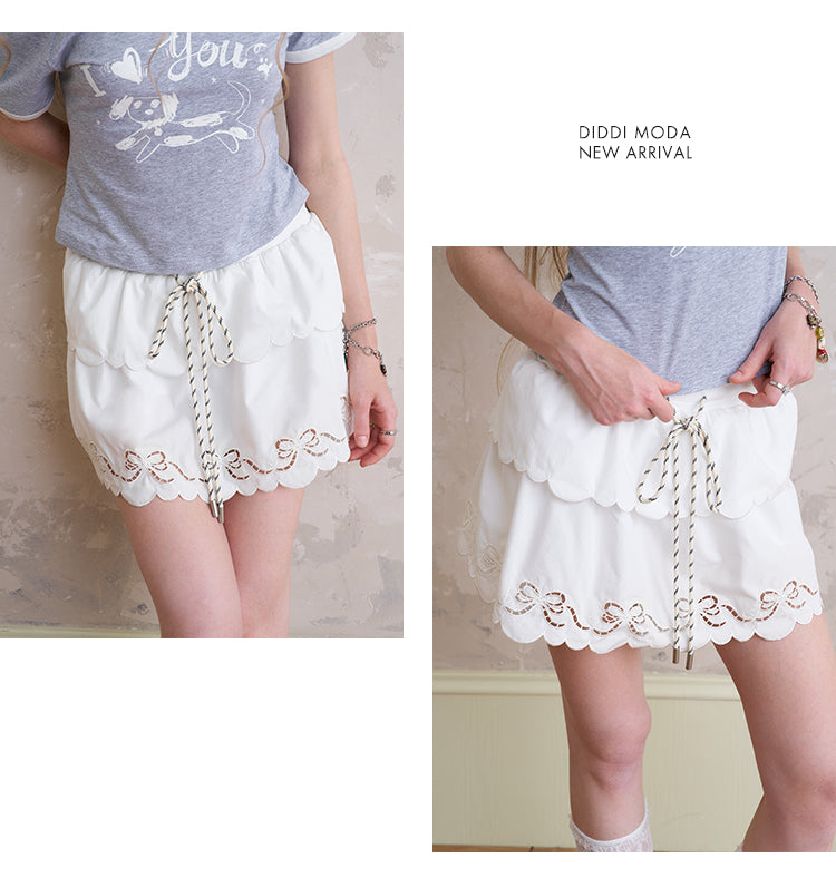 Layered Scallop-Hem Skirt With Bow Embroidery