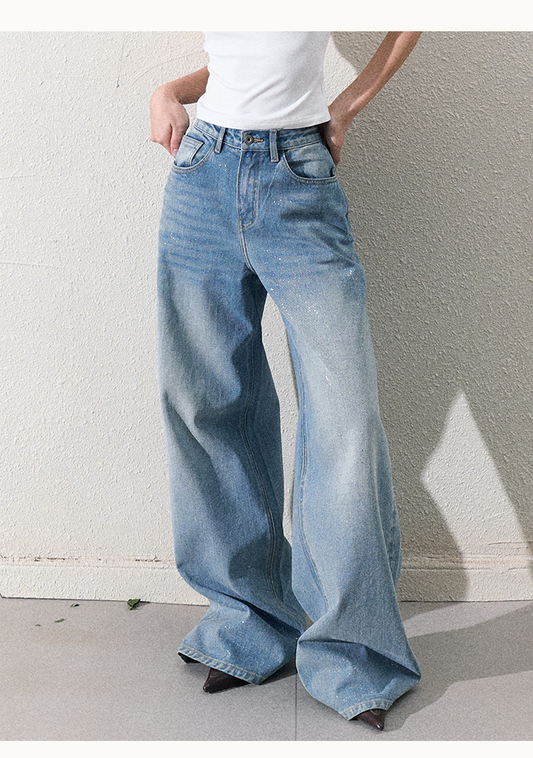 Glitter Washed Wide-Leg Denim Jeans