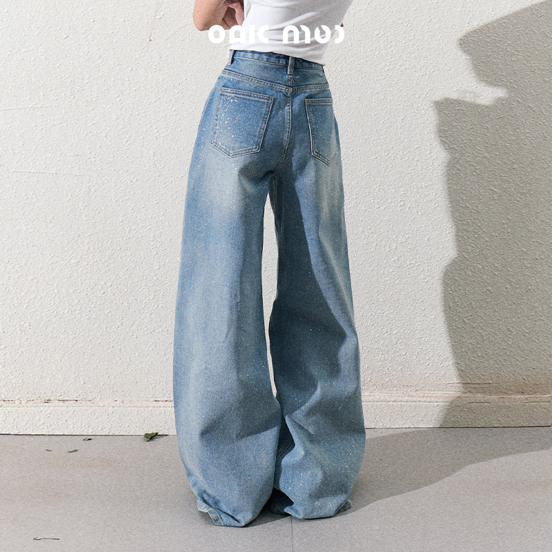 Glitter Washed Wide-Leg Denim Jeans