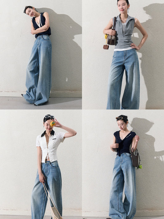 Glitter Washed Wide-Leg Denim Jeans