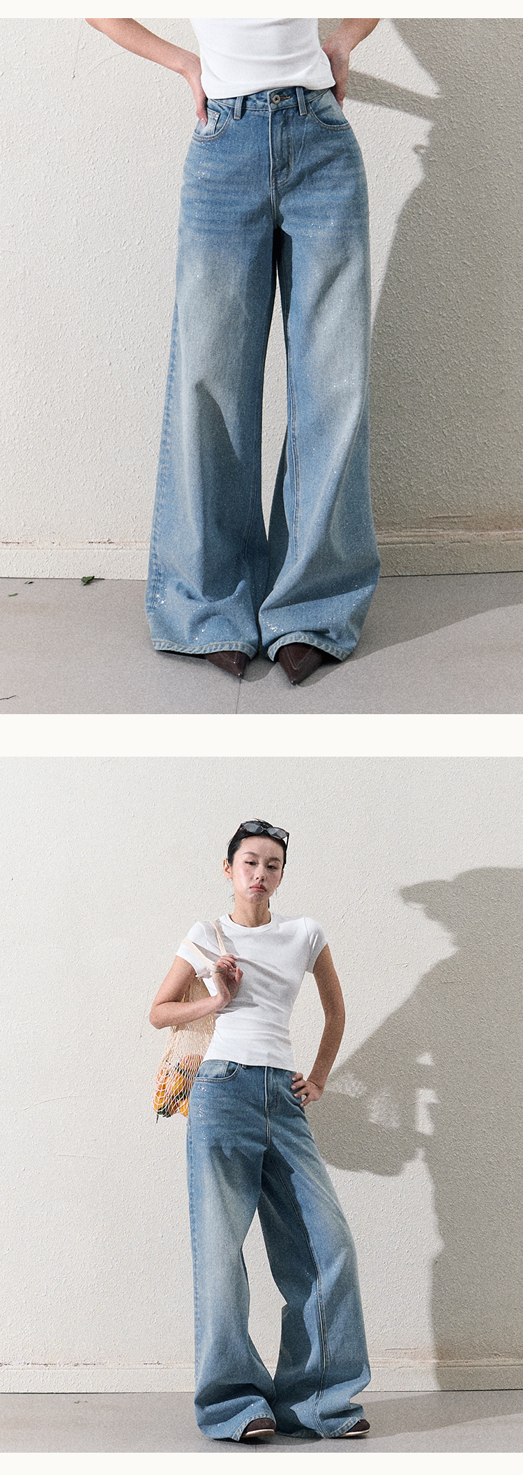 Glitter Washed Wide-Leg Denim Jeans