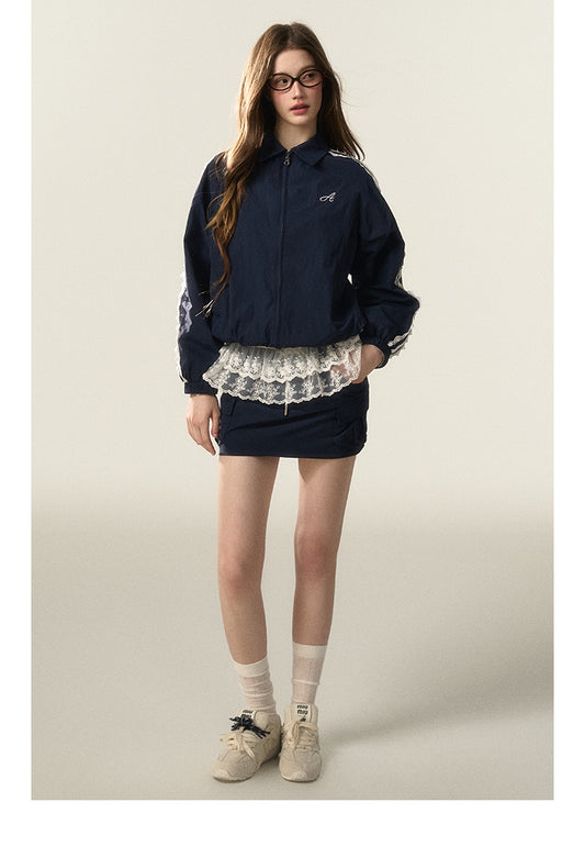 Laced Stripe Zip-Up Jacket And Matching Skirt