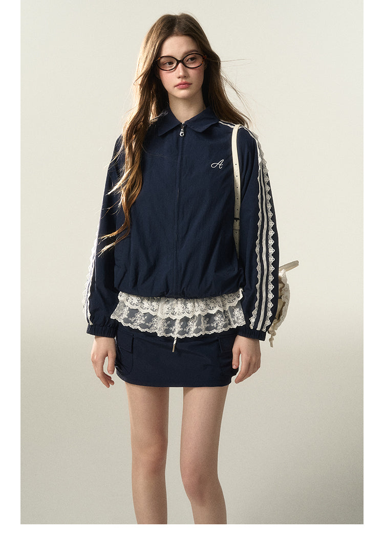 Laced Stripe Zip-Up Jacket And Matching Skirt