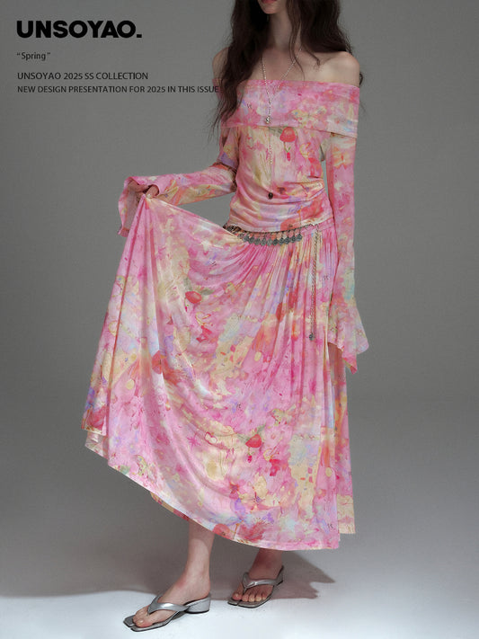 Printed Elastic Mesh Off-Shoulder Top & Maxi Skirt