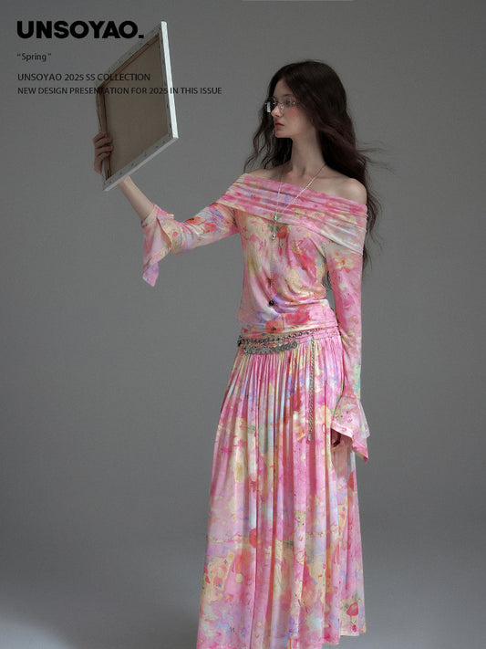 Printed Elastic Mesh Off-Shoulder Top & Maxi Skirt