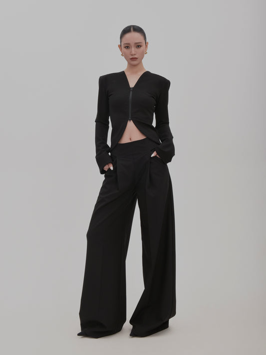 Floor-Length Tailored Tuck Wide-Leg Pants
