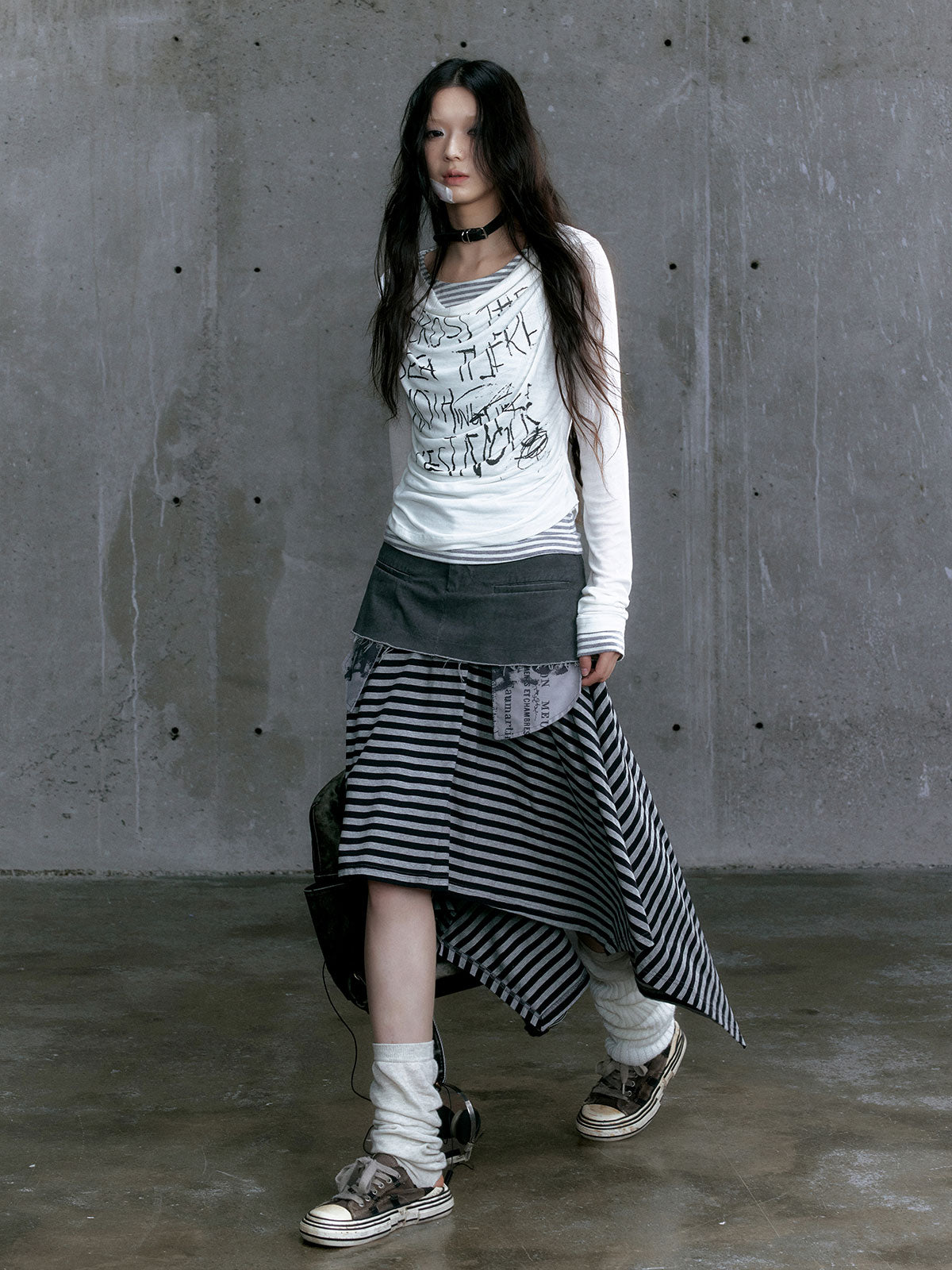 Punk Print Striped Layered Tee