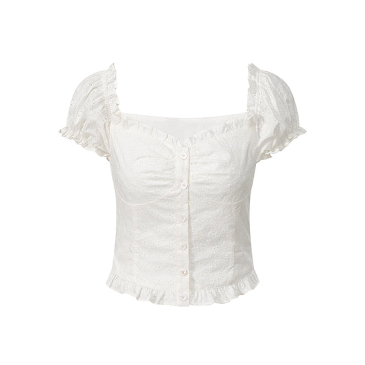 Two-Way Shoulder Eyelet Embroidered Puff-Sleeve Blouse