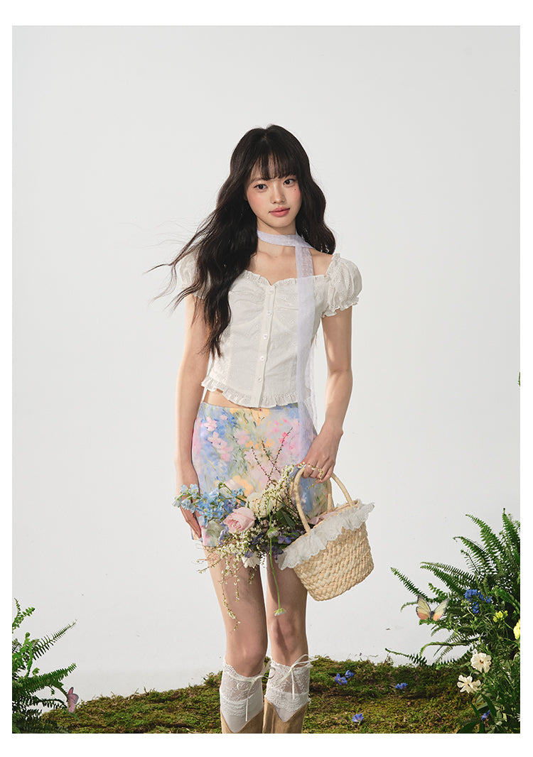 Two-Way Shoulder Eyelet Embroidered Puff-Sleeve Blouse