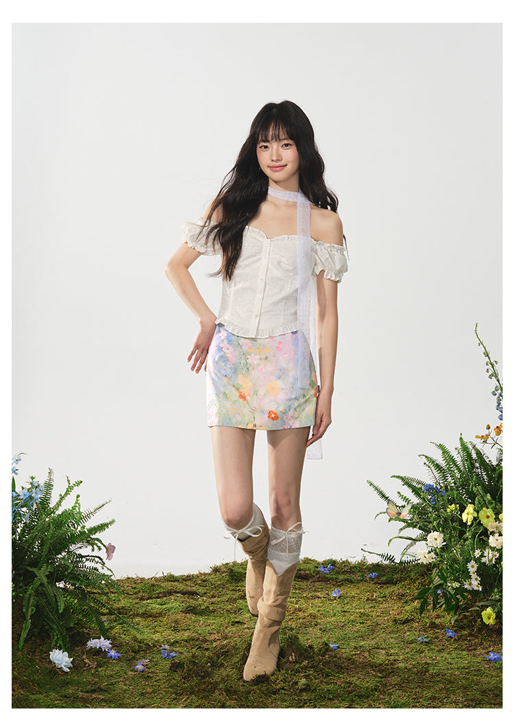 Two-Way Shoulder Eyelet Embroidered Puff-Sleeve Blouse