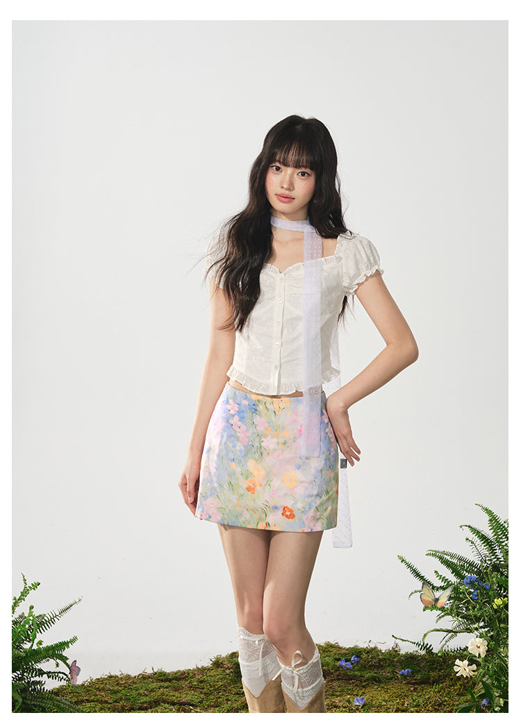 Two-Way Shoulder Eyelet Embroidered Puff-Sleeve Blouse