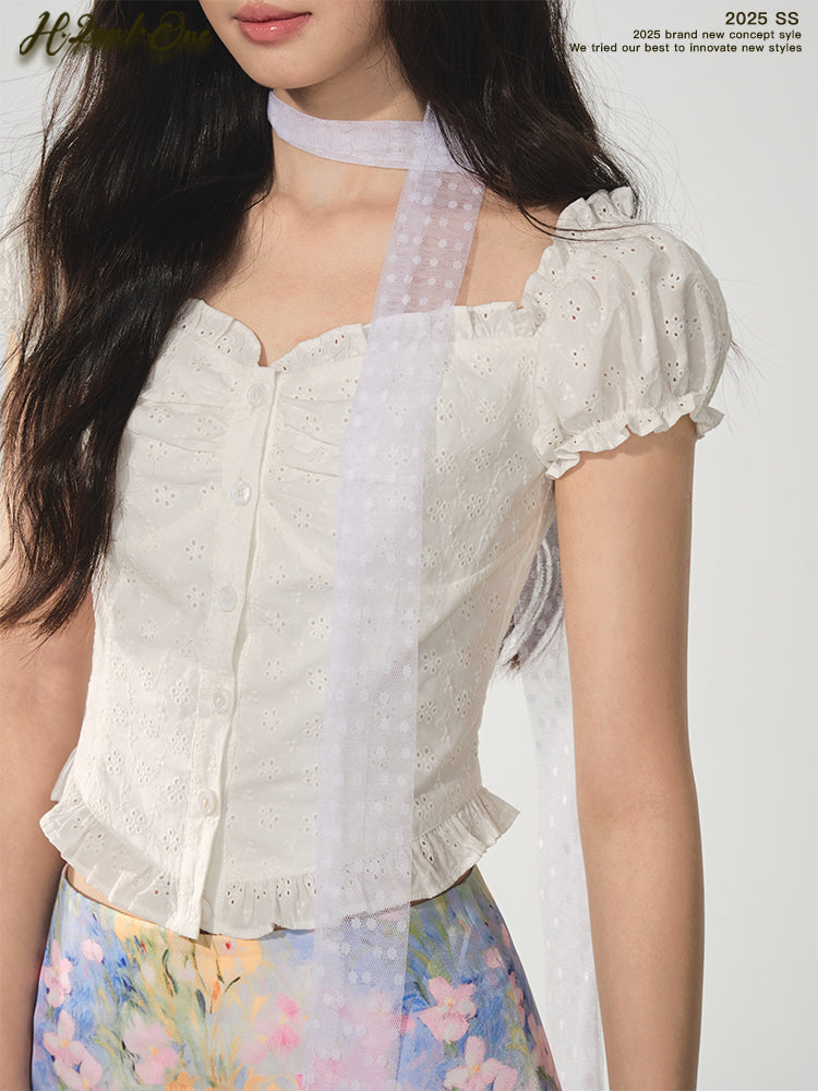 Two-Way Shoulder Eyelet Embroidered Puff-Sleeve Blouse