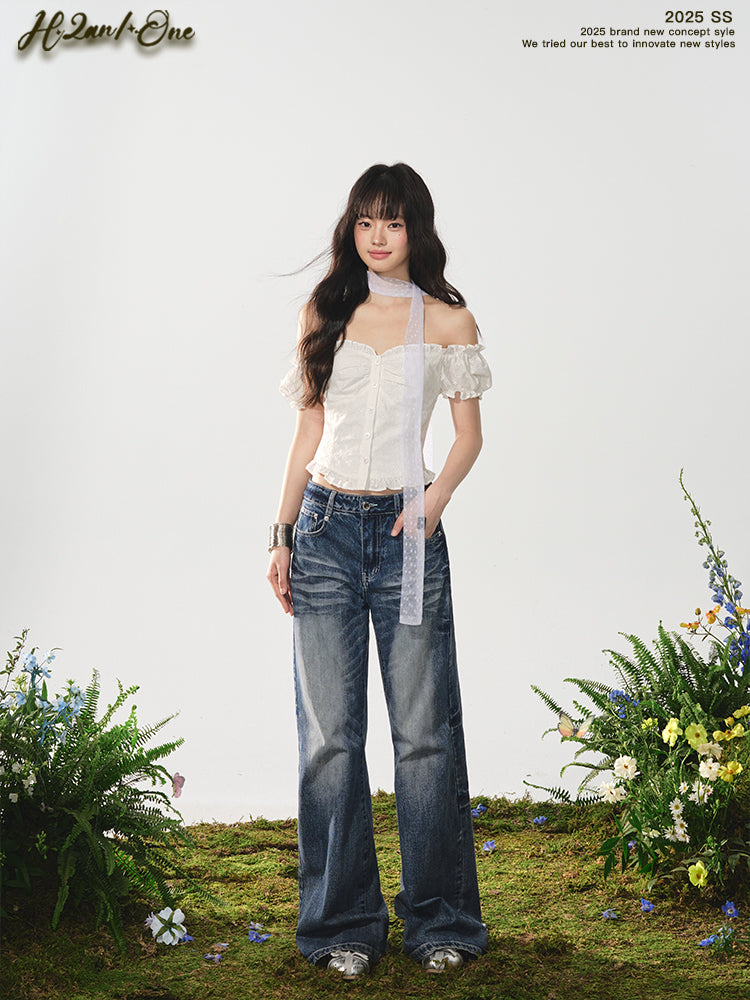 Two-Way Shoulder Eyelet Embroidered Puff-Sleeve Blouse