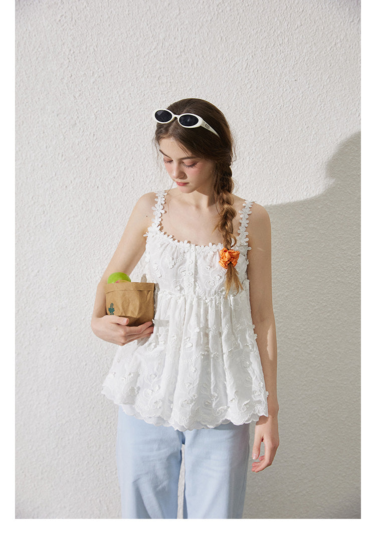 Embroidered Floral Cotton Half-Button Camisole