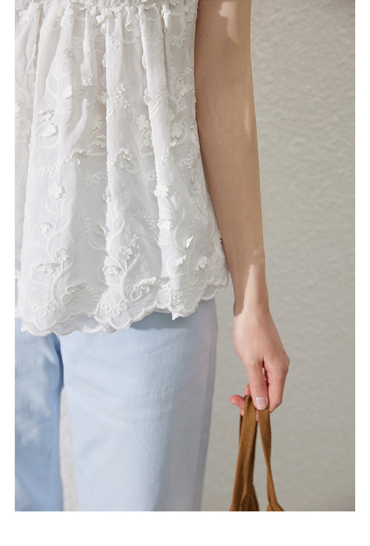 Embroidered Floral Cotton Half-Button Camisole