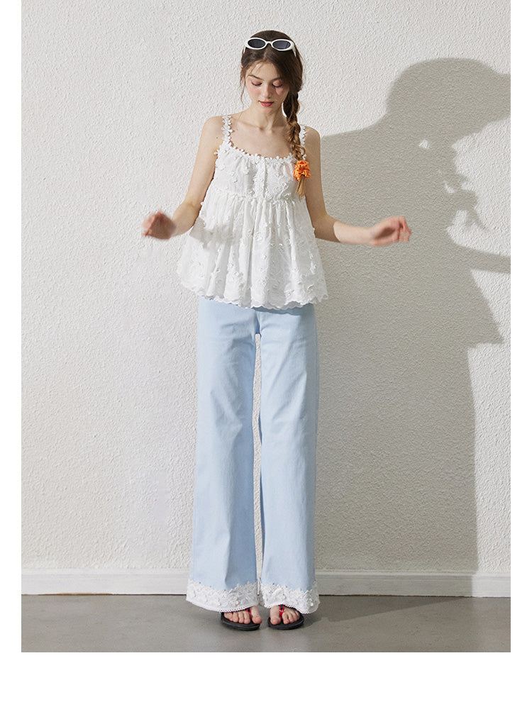 Embroidered Floral Cotton Half-Button Camisole