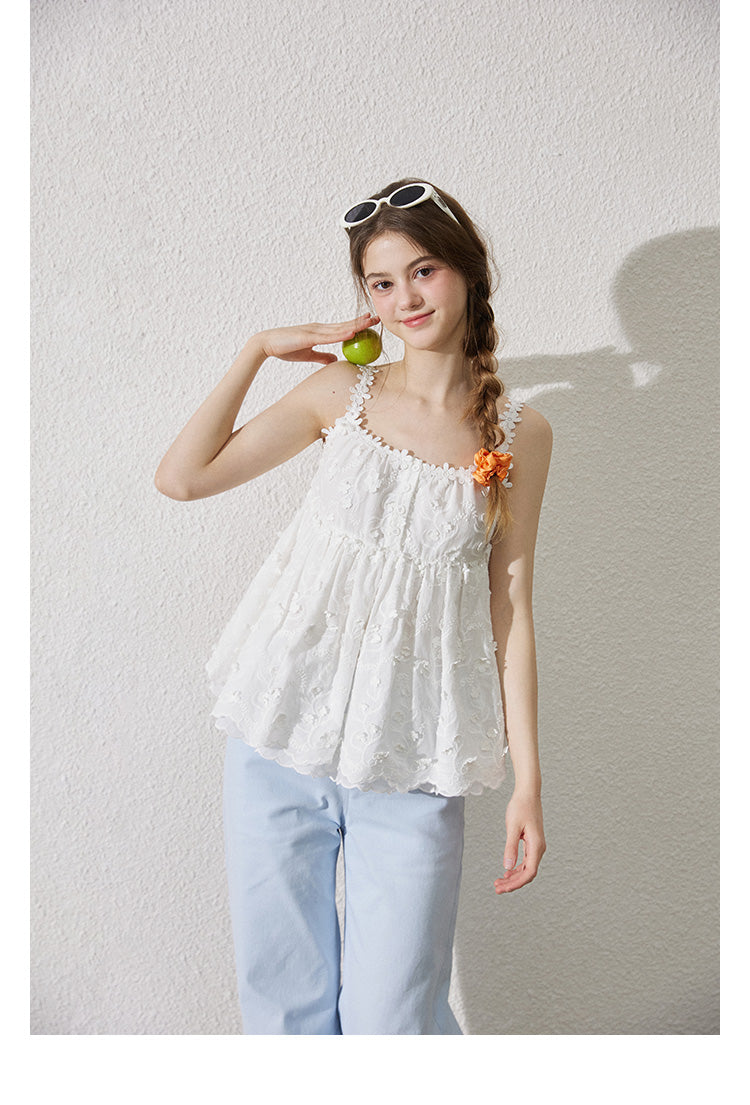 Embroidered Floral Cotton Half-Button Camisole