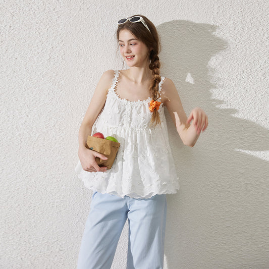 Embroidered Floral Cotton Half-Button Camisole