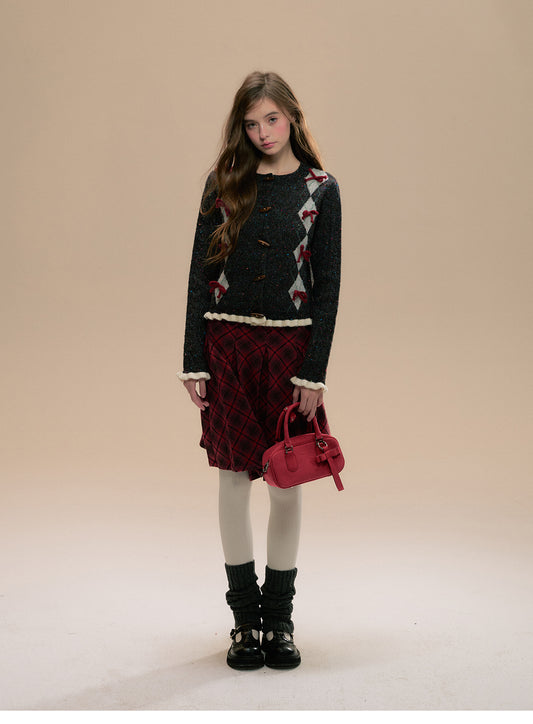 Argyle Cardigan With Bows And Toggle Buttons