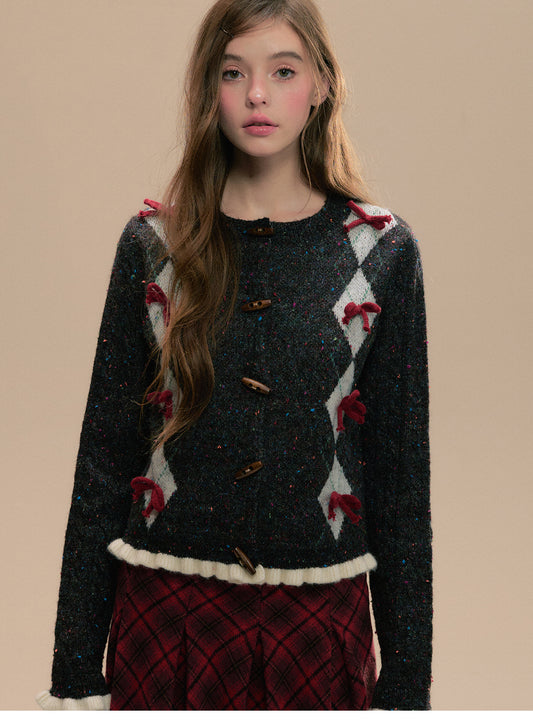 Argyle Cardigan With Bows And Toggle Buttons
