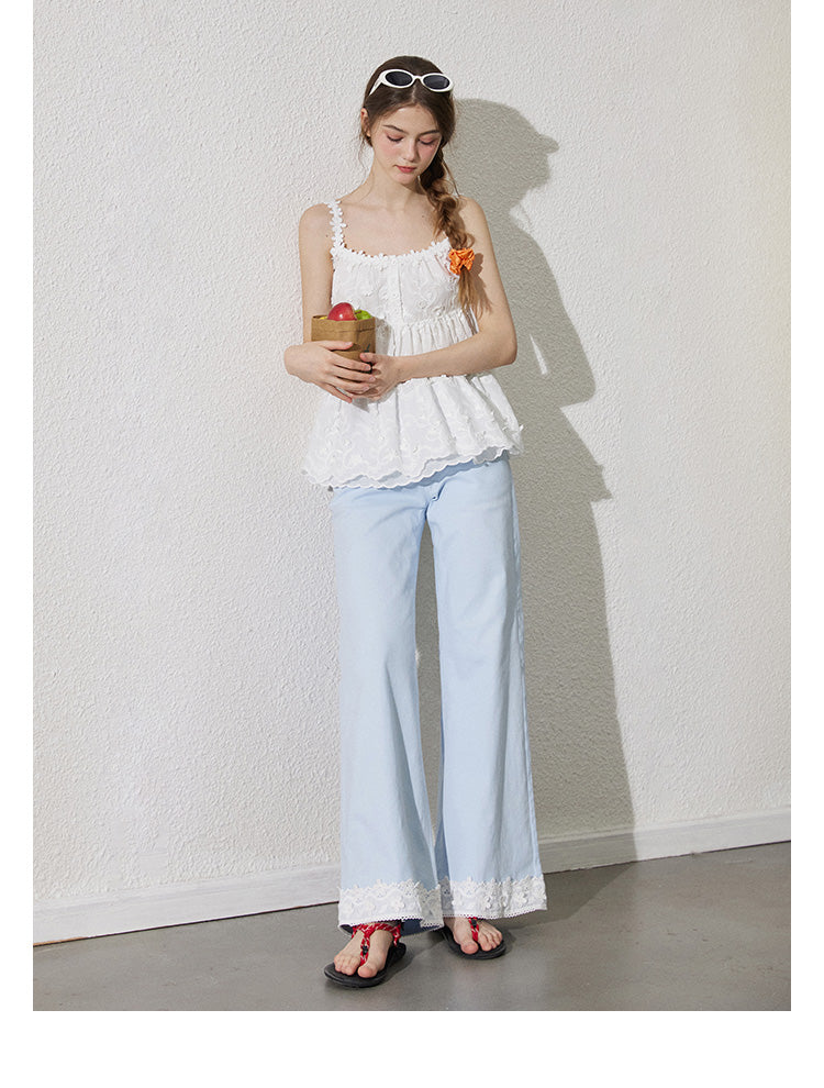 Lace-Detail Cotton Flare Pants With Bow Button