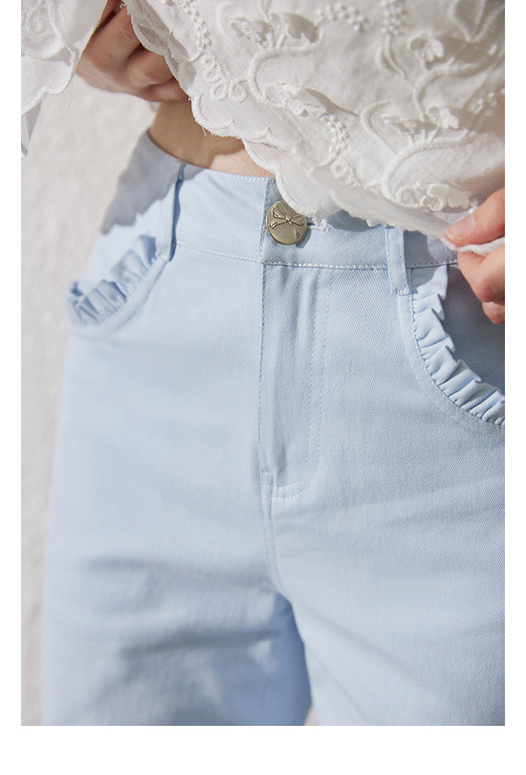 Lace-Detail Cotton Flare Pants With Bow Button