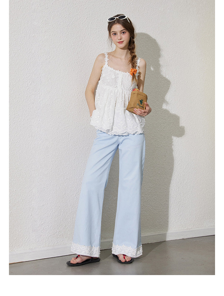 Lace-Detail Cotton Flare Pants With Bow Button