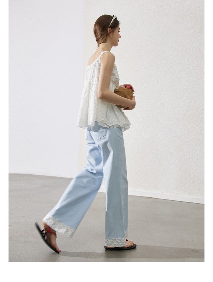 Lace-Detail Cotton Flare Pants With Bow Button