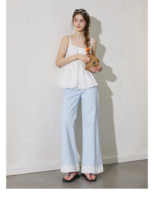 Lace-Detail Cotton Flare Pants With Bow Button