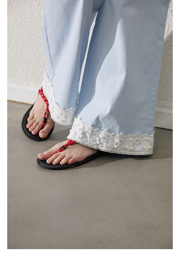 Lace-Detail Cotton Flare Pants With Bow Button