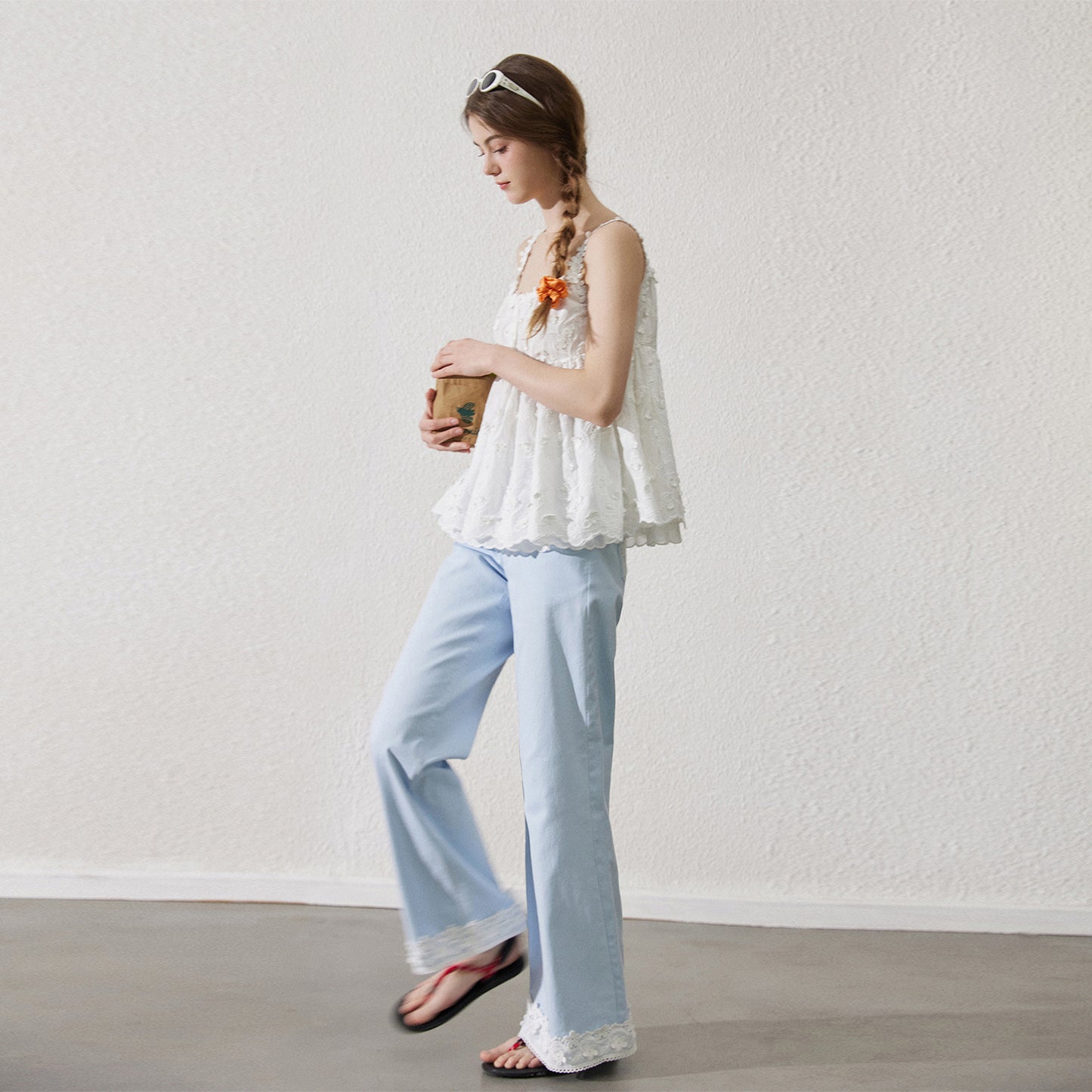 Lace-Detail Cotton Flare Pants With Bow Button