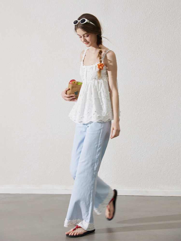 Lace-Detail Cotton Flare Pants With Bow Button