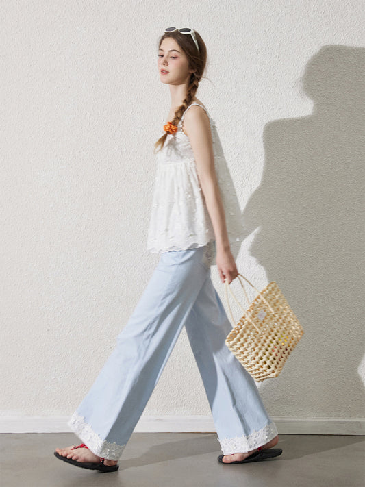 Lace-Detail Cotton Flare Pants With Bow Button