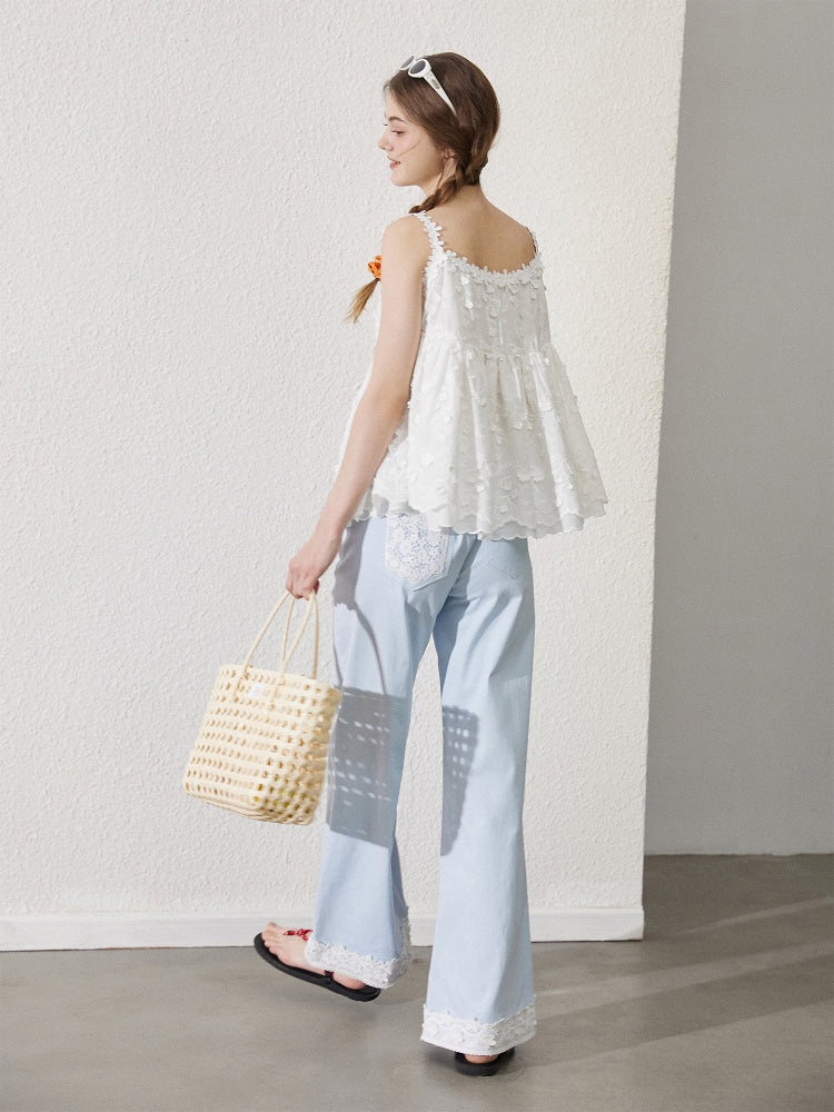 Lace-Detail Cotton Flare Pants With Bow Button