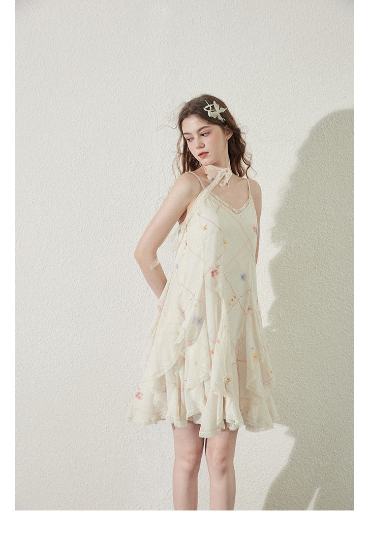 Strapped Ruffle Dress With Grid Pattern And Floral Print