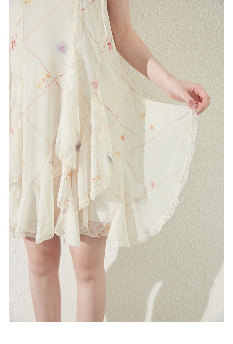 Strapped Ruffle Dress With Grid Pattern And Floral Print