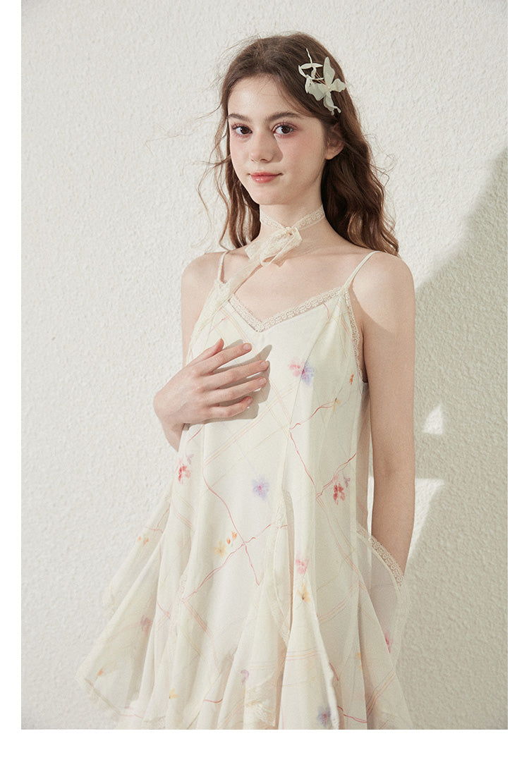 Strapped Ruffle Dress With Grid Pattern And Floral Print