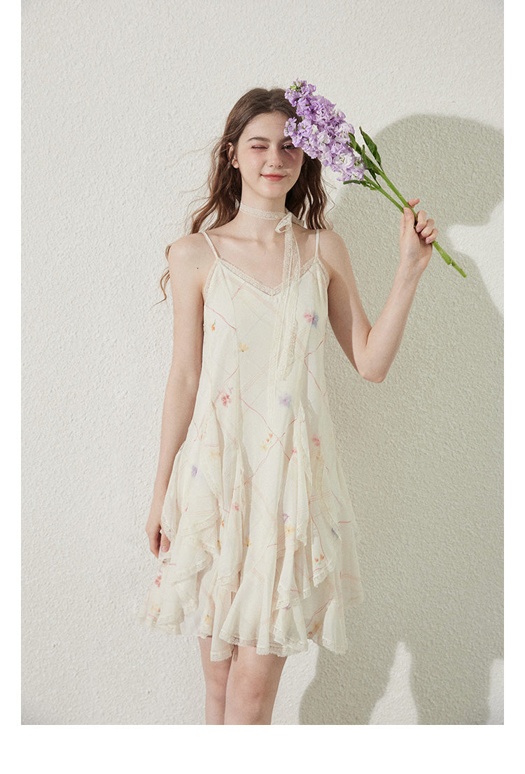 Strapped Ruffle Dress With Grid Pattern And Floral Print