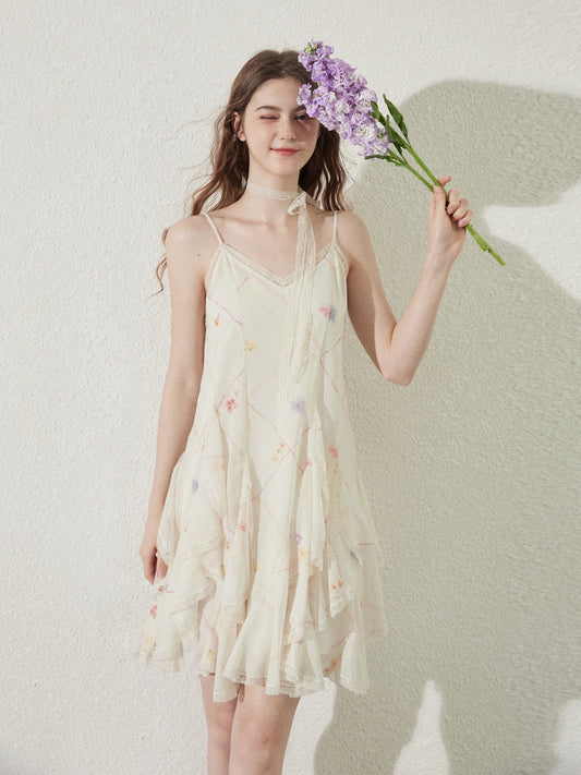 Strapped Ruffle Dress With Grid Pattern And Floral Print