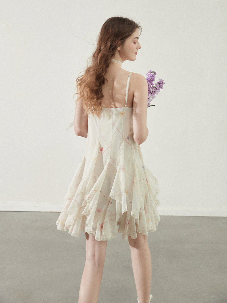 Strapped Ruffle Dress With Grid Pattern And Floral Print